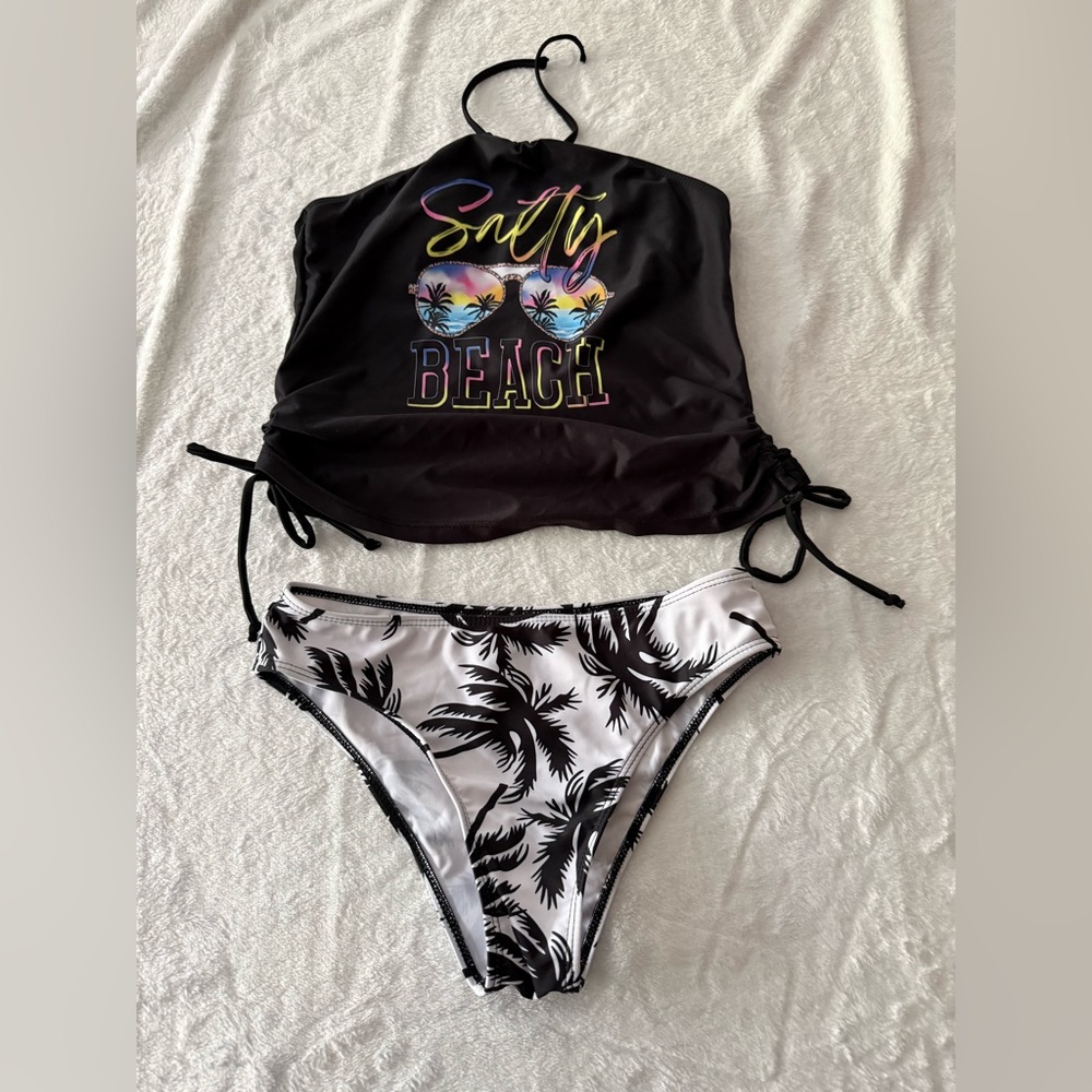 Salty Beach High Neck Halter Tankini Top Palm Tree Bottoms 2pc Swimsuit S